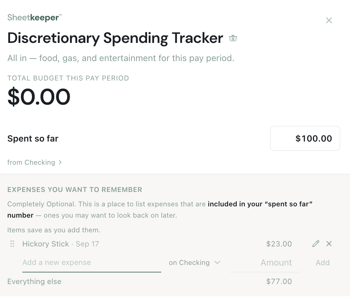 Sheetkeeper's discretionary spending tracker: the budget for this pay period, what has been spent, and an optional list of expenses.