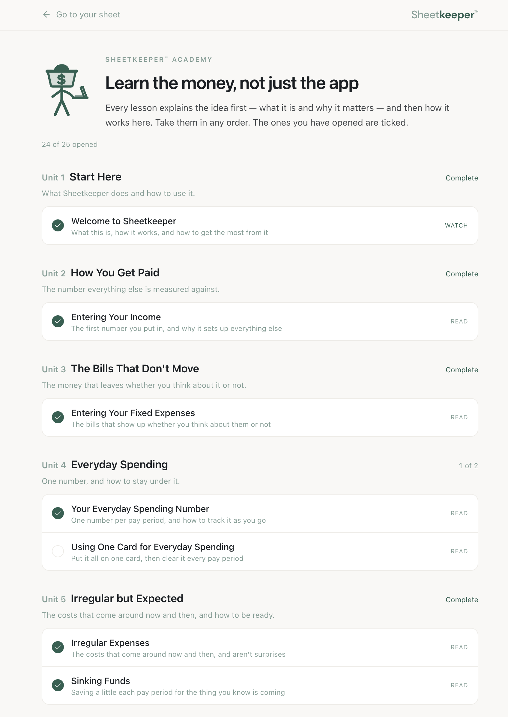 The Sheetkeeper lessons list, with units for getting paid, fixed expenses and everyday spending.
