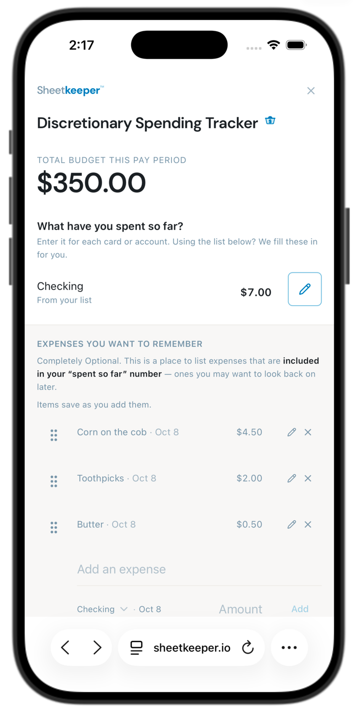 Sheetkeeper's spending tracker on a phone: a $350 budget for this pay period, $7 spent so far, and a short list of what it went on.