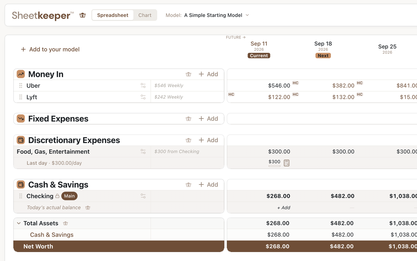 The Sheetkeeper spreadsheet in the Mocha Joe skin, warm brown.
